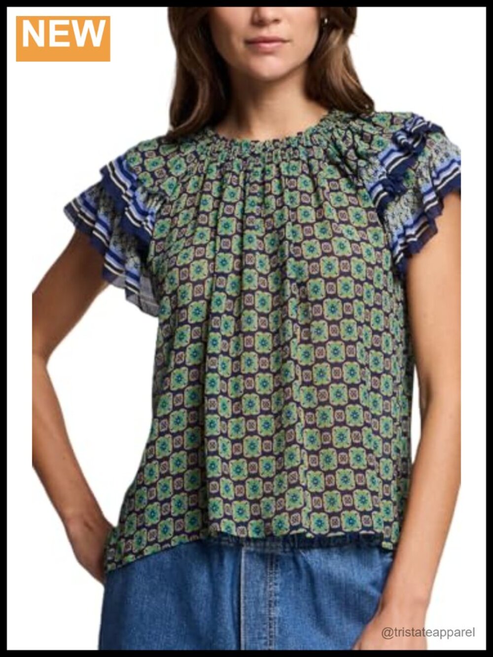 Graham Spencer Womens Dahlia Border Print Blouse Top Flutter Sleeve Viscose